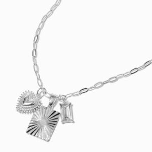 Claire's Silver-tone Mixed Charm Necklace: Heart, Sunburst Rectangle, Rhinestone